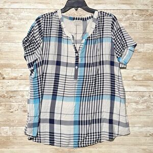 Van Heusen Plaid Blouse Womens XXL Blue White Black V-neck Button Short Sleeve